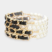 4PCS - Faux Leather Braided Pearl Beaded Multi Layered Bracelets 