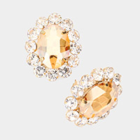 Oval Stone Accented Round Stone Around Clip On Evening Earrings