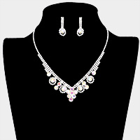 Round Stone Flower Accented Rhinestone Pave Necklace