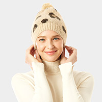 Soft Fuzzy Leopard Print Beanie Hat With Pom Pom