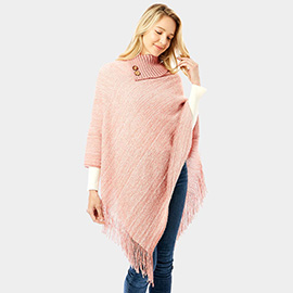 Button Collar Pointed Knitted Foldover Neck Poncho