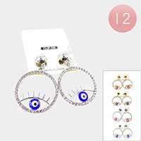 12PCS - Evil Eye Accented Rhinestone Pave Open Circle Dangle Clip On Earrings