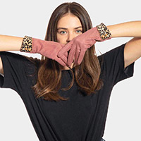 Leopard Faux Fur Cuff Accented Button Solid Soft Faux Suede Touch Smart Gloves