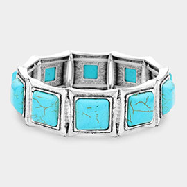 Square Natural Stone Accented Burnished Metal Stretch Bracelet