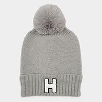 -H- Monogram Faux Fur Pom Pom Knit Beanie Hat