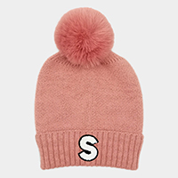 -S- Monogram Faux Fur Pom Pom Knit Beanie Hat