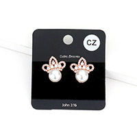 Pearl Accented CZ Embellished Crown Stud Evening Earrings