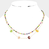 Faceted Beaded Flower Accented Double Layered Necklace