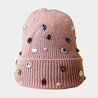 Pearl Jewel Embellished Fleece Lining Knit Beanie Hat 