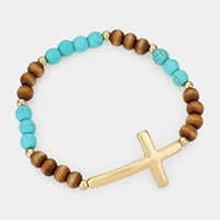 Metal Cross Accented Glass Wood Beads Stretch Bracelet