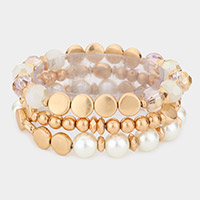 3PCS - Pearl Accented Beaded Stretch Bracelets