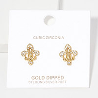 Gold Dipped CZ Embellished Metal Fleur de Lis Stud Earrings
