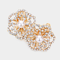 Pearl Centered Rhinestone Embellished Flower Clip on Earrings