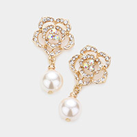 Rhinestone Embellished Flower Pearl Link Dangle Earrings