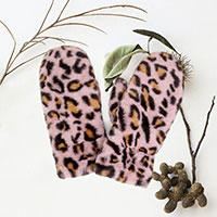 Leopard Patterned Faux Fur Lining Mitten Gloves