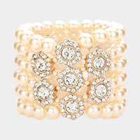Stone Embellished Multi Layered Pearl Stretch Bracelet