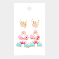 3Pairs - Pink Ribbon Wings Bra Rainbow Stud Earrings
