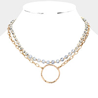 2PCS - Open Metal Circle Pendant Semi Precious Beaded Necklaces