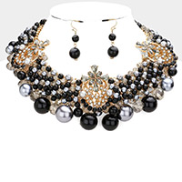 Floral Stone Embellished Pearl Faceted Beaded Collar Necklace