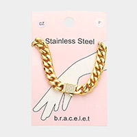 Stainless Steel CZ Embellished Metal Chain Link Bracelet