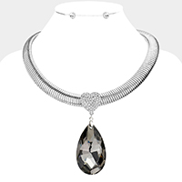 Rhinestone Pave Heart Teardrop Stone Link Necklace