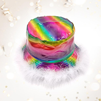 Faux Feather Trimmed Hologram Bucket Hat