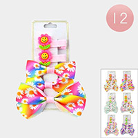 12 Set of 5 - Smile Flower Daisy Printed Bow Snap Alligator Hair Clips