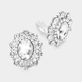 Oval Stone Accented Clip on Evening Earrings