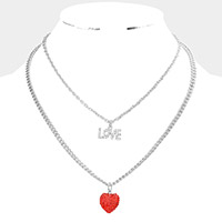 Stone Embellished LOVE Heart Pendant Double Layered Necklace