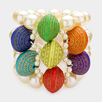 Colorful Wood Pointed Multi Layered Pearl Stretch Bracelet