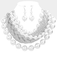 Bold Metal Braided Triple Layered Pearl Necklace