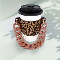 Leopard Patterned Faux Leather Coffee Cup Sleeve With Resin Chain Strap