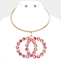 Round Stone Embellished Double Open Circle Link Necklace