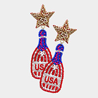Felt Back Beaded Star American USA Flag Champagne Link Dangle Earrings