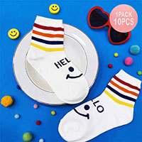 10Pairs - Striped HELLO Smile Printed Socks