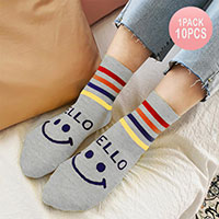 10Pairs - Striped HELLO Smile Printed Socks
