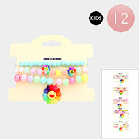 12 Set of 3 - Smile Flower Charm Pearl Stretch Kids Bracelets