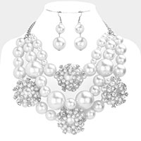 Stone Embellished Triple Layered Pearl Bib Necklace