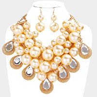 Teardrop Stone Accented Pearl Cluster Necklace