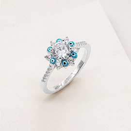 Evil Eye Accented CZ Round Stone Ring