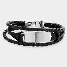 Uni-Sex Metal Rectangle Accented Braided Faux Leather Bracelet
