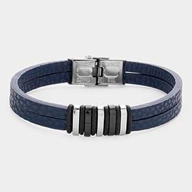 Uni-Sex Metal Accented Stainless Steel Faux Leather Bracelet