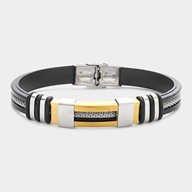 Uni-Sex Metal Accented Stainless Steel Faux Leather Bracelet
