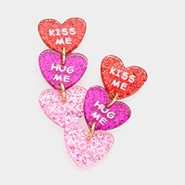 Kiss Me Hug Me XOXO Message Glittered Triple Resin Heart Link Dangle Earrings