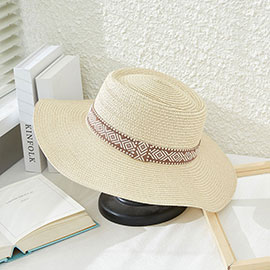 Aztec Patterned Band Straw Panama Sun Hat