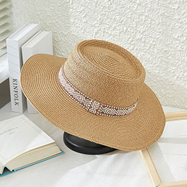 Aztec Patterned Band Straw Panama Sun Hat