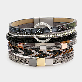 Bling Open Circle Metal Chain Faux Leather Magnetic Bracelet