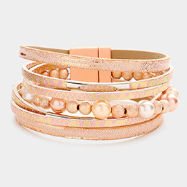 Pearl Metal Ball Accented Faux Leather Magnetic Bracelet