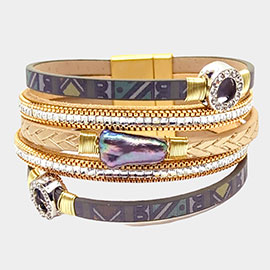 Pearl Accented Faux Leather Magnetic Bracelet