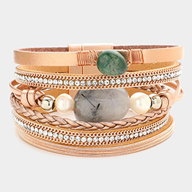 Pearl Natural Stone Accented Faux Leather Magnetic Bracelet